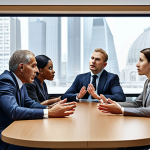 **

A diverse group of business people from various countries sitting around a conference table, some gesturing, some listening intently. The background includes subtle representations of different cultural landmarks or patterns. The overall tone should convey collaboration and understanding, highlighting the importance of cultural sensitivity in international business negotiations.

**
