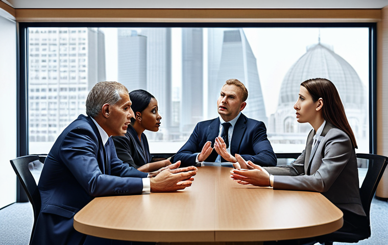 **
A diverse group of business people from various countries sitting around a conference table, some gesturing, some listening intently. The background includes subtle representations of different cultural landmarks or patterns. The overall tone should convey collaboration and understanding, highlighting the importance of cultural sensitivity in international business negotiations.
**