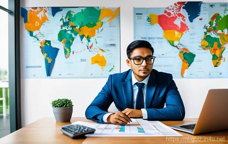 글로벌 비즈니스 실무 지식 쌓는 법 - **Prompt:** A diverse group of four business professionals, including one individual with subtle fea...