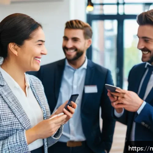 Home 32 글로벌 비즈니스 분야 취업 시 고려사항 - A professional international business networking event set in a modern conference hall in Amsterdam,...