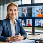 Home 19 글로벌 비즈니스 분야 자격증의 중요성 - A professional Dutch businesswoman in a modern office setting, engaging in a video conference with i...