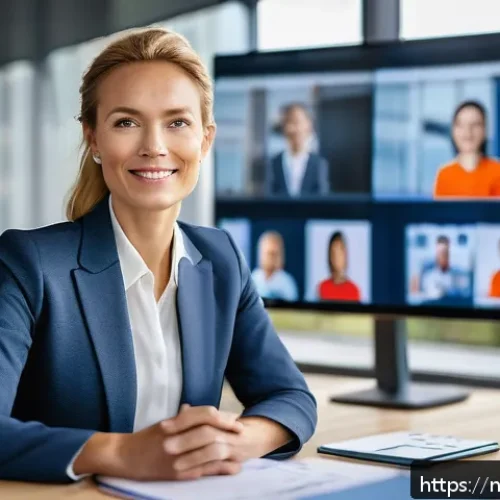 Home 31 글로벌 비즈니스 분야 자격증의 중요성 - A professional Dutch businesswoman in a modern office setting, engaging in a video conference with i...