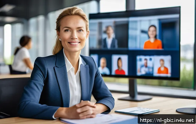 글로벌 비즈니스 분야 자격증의 중요성 - A professional Dutch businesswoman in a modern office setting, engaging in a video conference with i...