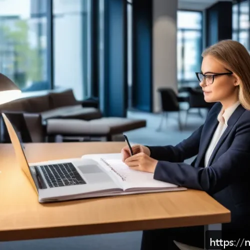 Home 30 글로벌 비즈니스 연봉 협상 체크리스트 - A professional Dutch office setting showing a confident young woman in smart business attire sitting...