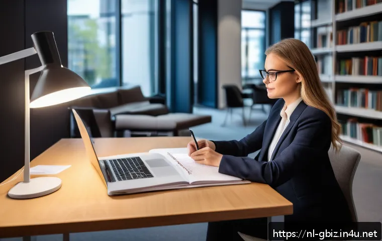글로벌 비즈니스 연봉 협상 체크리스트 - A professional Dutch office setting showing a confident young woman in smart business attire sitting...