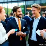 Home 23 글로벌 비즈니스 이직 후 성과 창출 방법 - A diverse group of international business professionals networking at a modern Amsterdam conference ...