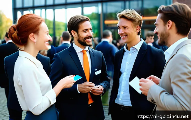 글로벌 비즈니스 이직 후 성과 창출 방법 - A diverse group of international business professionals networking at a modern Amsterdam conference ...
